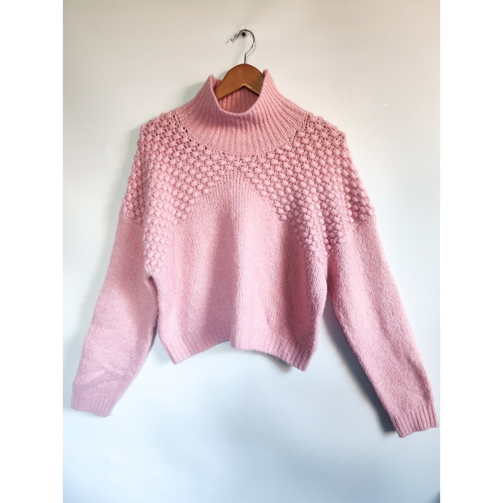 Free People Sweater Medium Mock Neck Pink Popcorn Knit Bobble Long Sleeve Boho